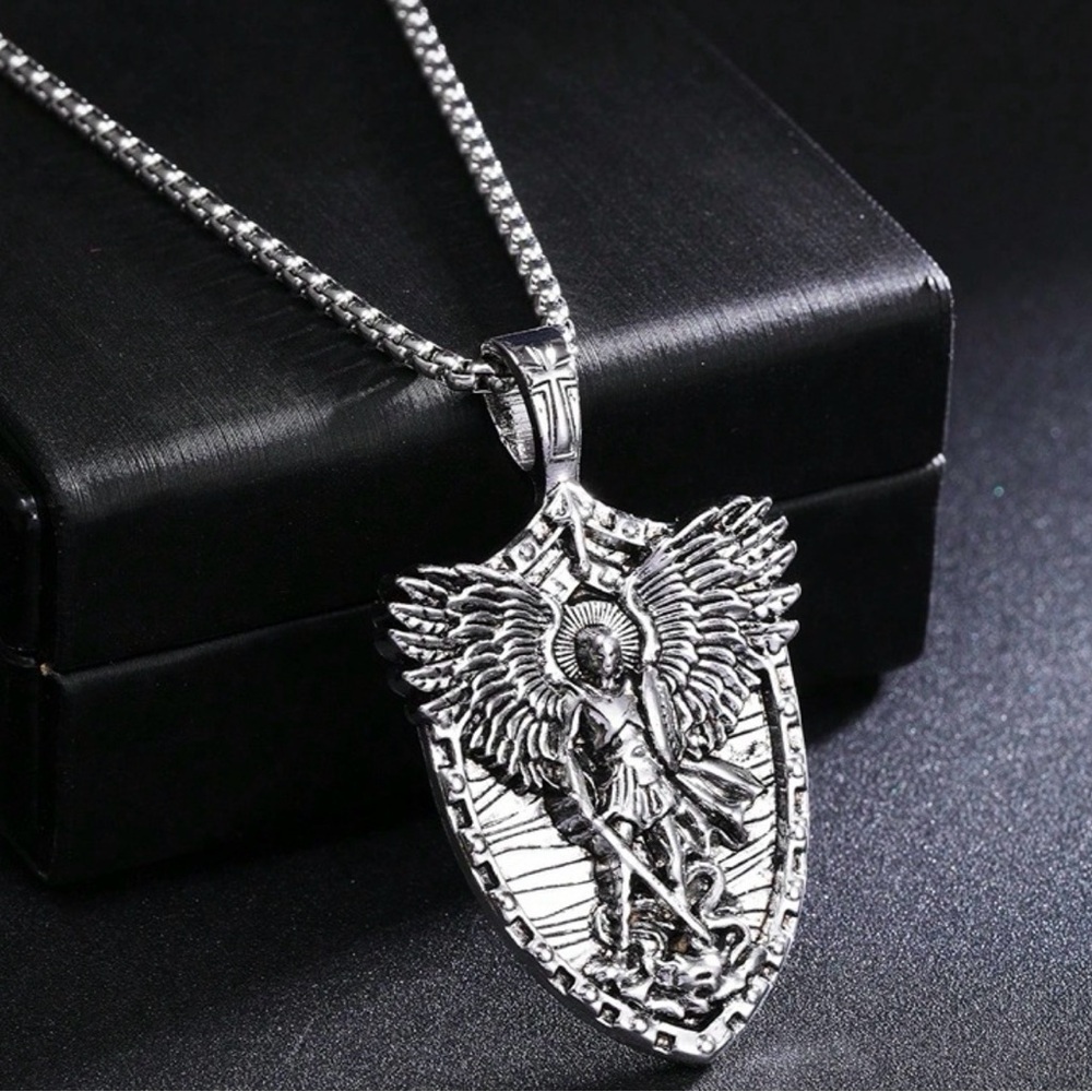 Stainless Steel Saint Michael Sword Shield Pendant & 3mm 24" Rolo Chain Necklace